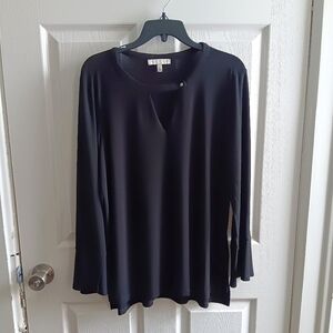 Black Blouse with Bell Sleeves & Cut-Out Decollatage Detail, Size L, GUC